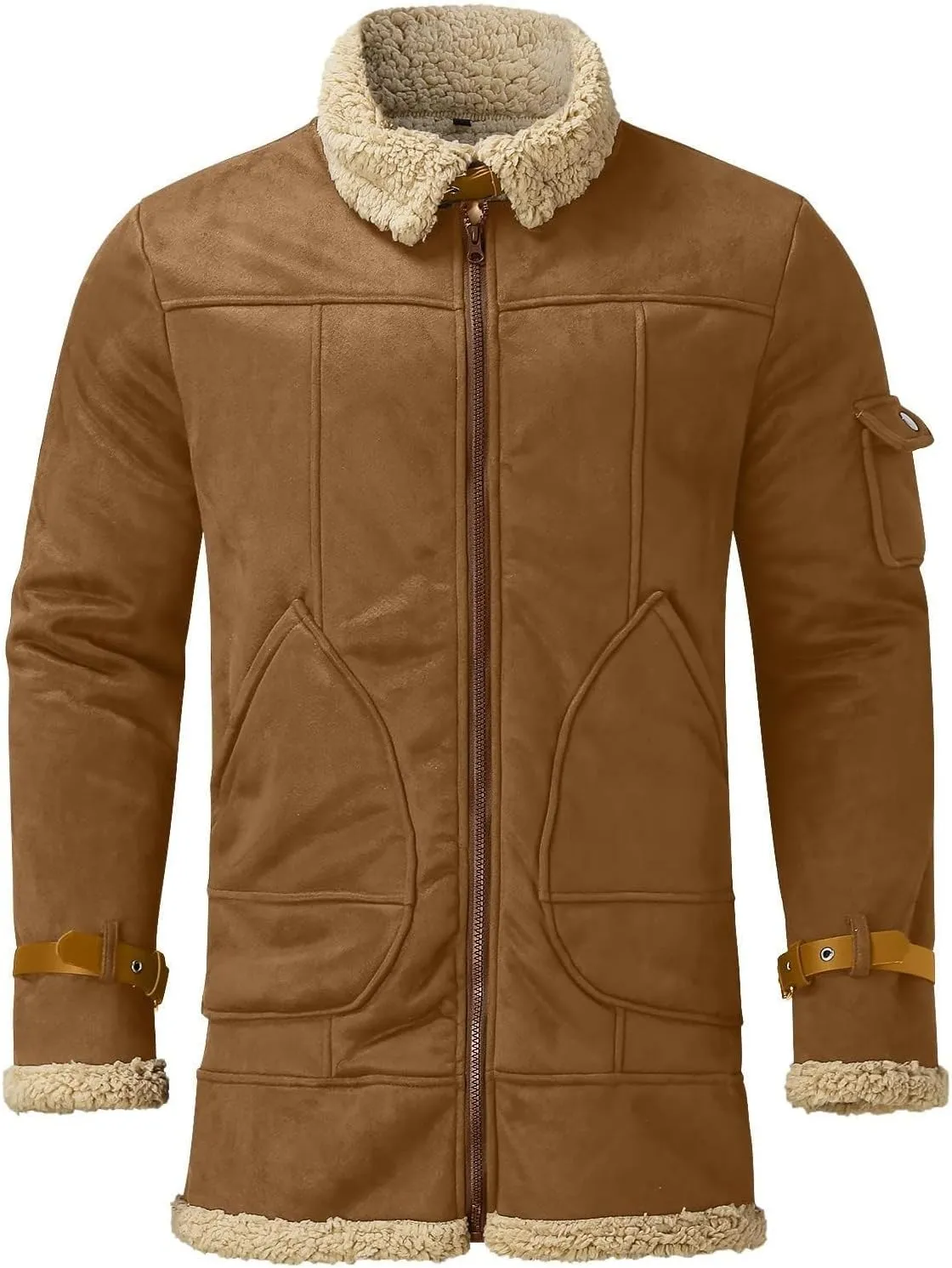 Shearling Coat Men Warm Fleece Lined Coat Aviator Shearling Sheepskin Leather Winter Jacket Lapel Work Cargo Jackets