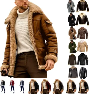 Sherpa Lined Leather Jacket Men Suede Sherpa Shearling Faux Fur Leather Coat Sheepskin Winter Coat Fur Collar Jacket