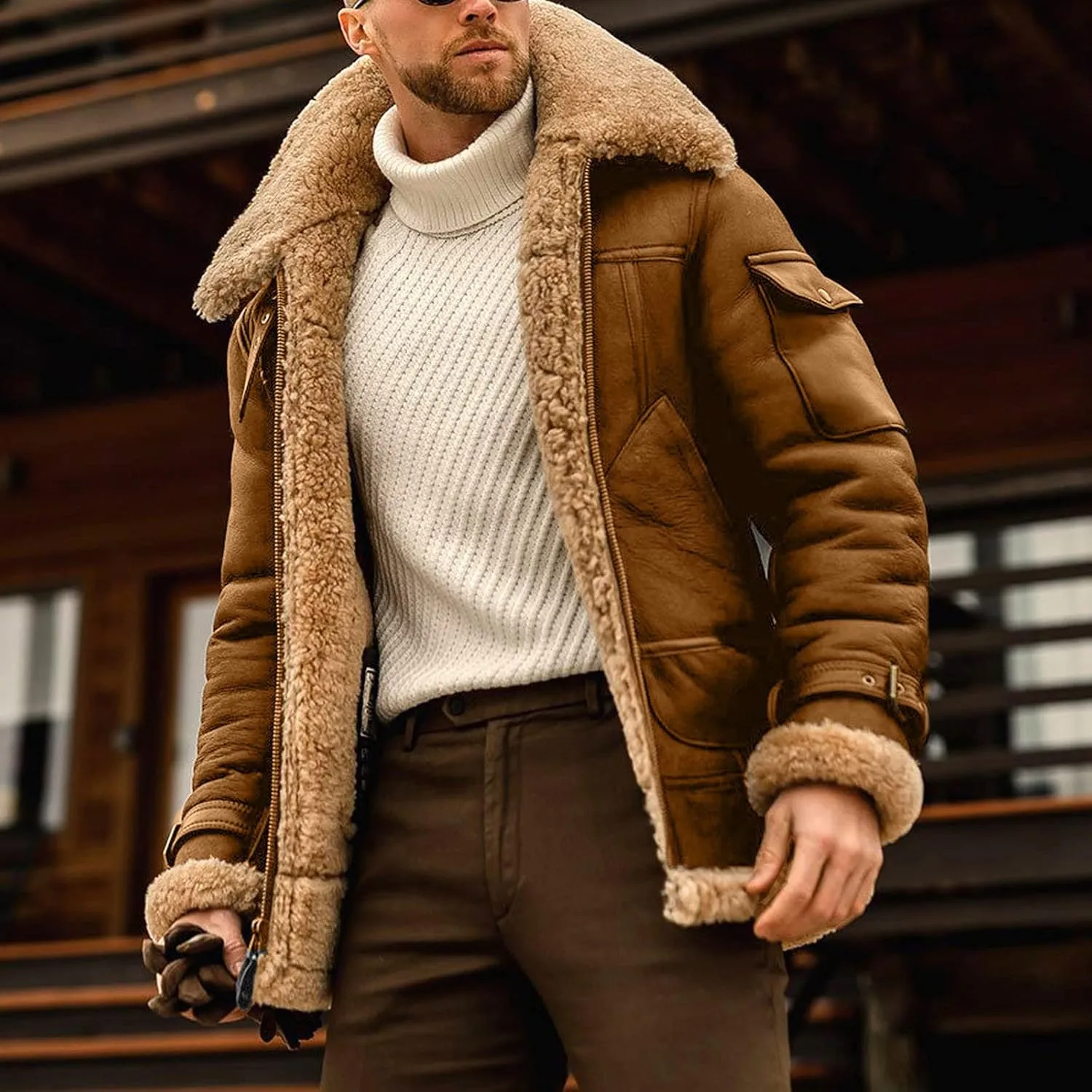 Sherpa Lined Leather Jacket Men Suede Sherpa Shearling Faux Fur Leather Coat Sheepskin Winter Coat Fur Collar Jacket