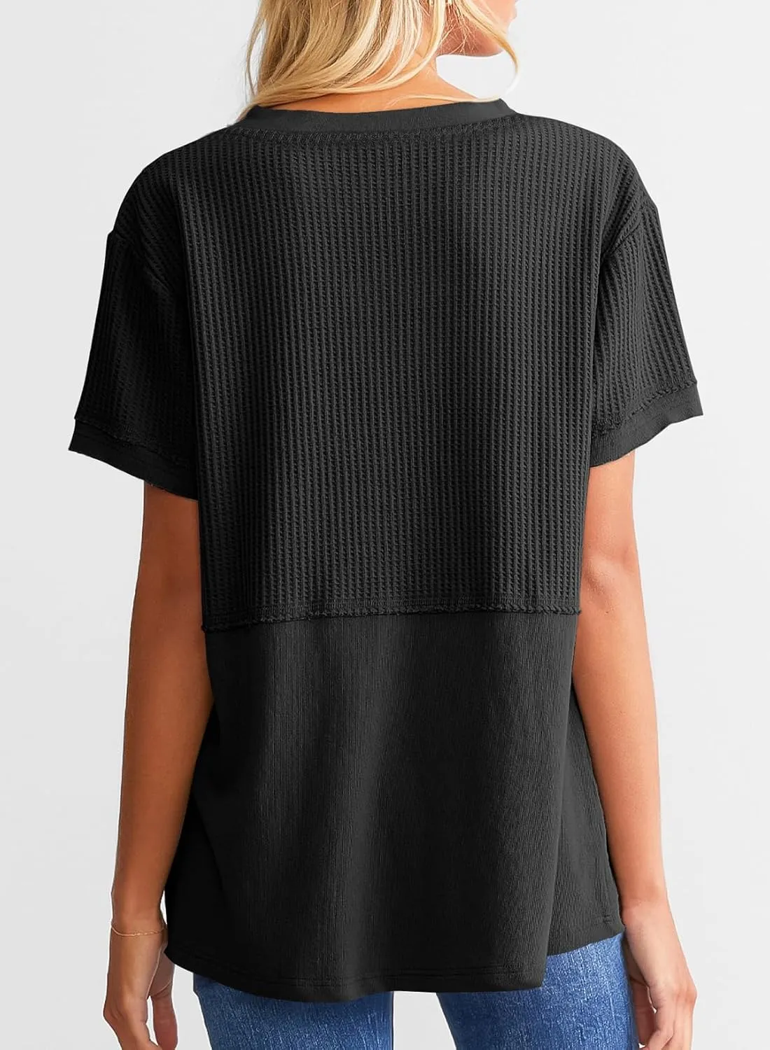 SHEWIN Womens Casual V Neck Waffle Knit Tops Short Sleeve T Shirts Loose Blouses