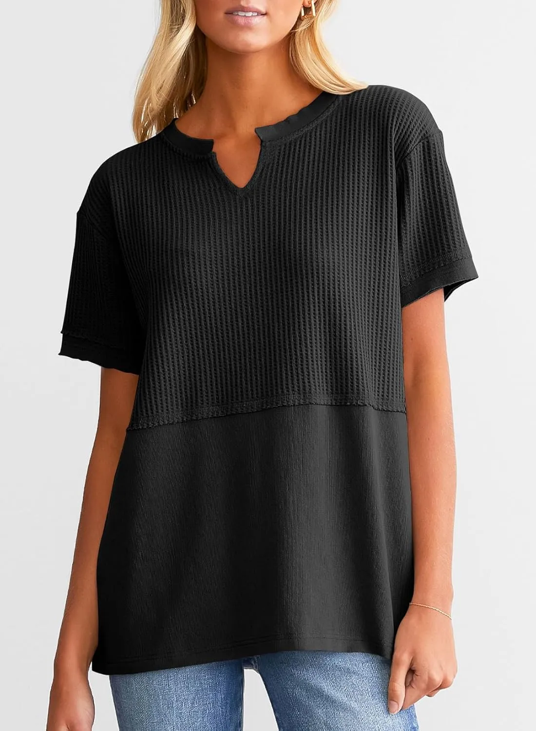 SHEWIN Womens Casual V Neck Waffle Knit Tops Short Sleeve T Shirts Loose Blouses