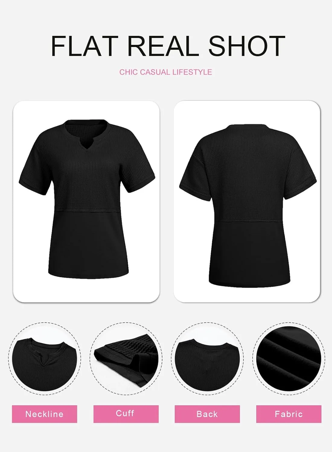SHEWIN Womens Casual V Neck Waffle Knit Tops Short Sleeve T Shirts Loose Blouses