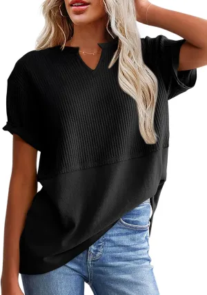 SHEWIN Womens Casual V Neck Waffle Knit Tops Short Sleeve T Shirts Loose Blouses
