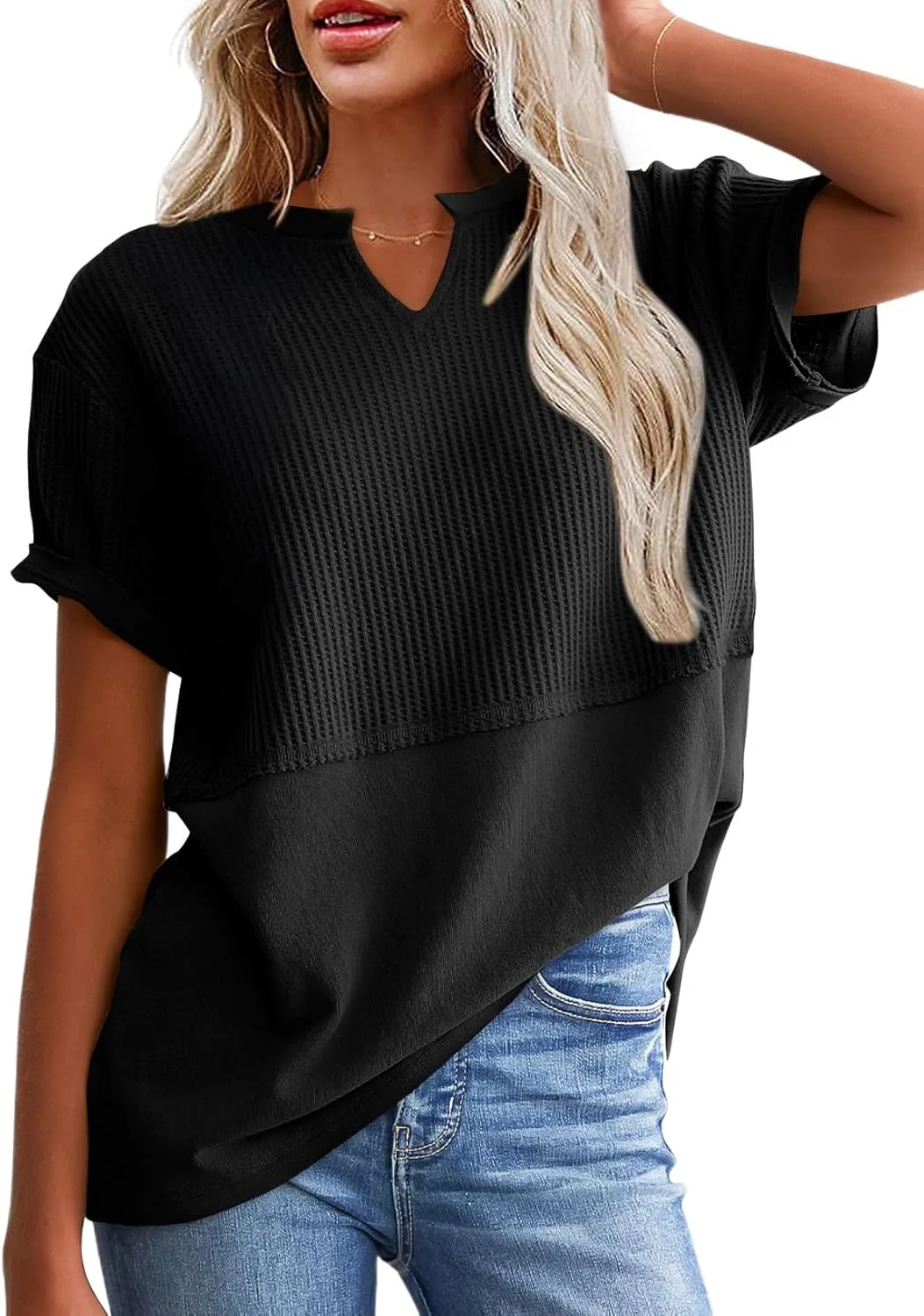 SHEWIN Womens Casual V Neck Waffle Knit Tops Short Sleeve T Shirts Loose Blouses