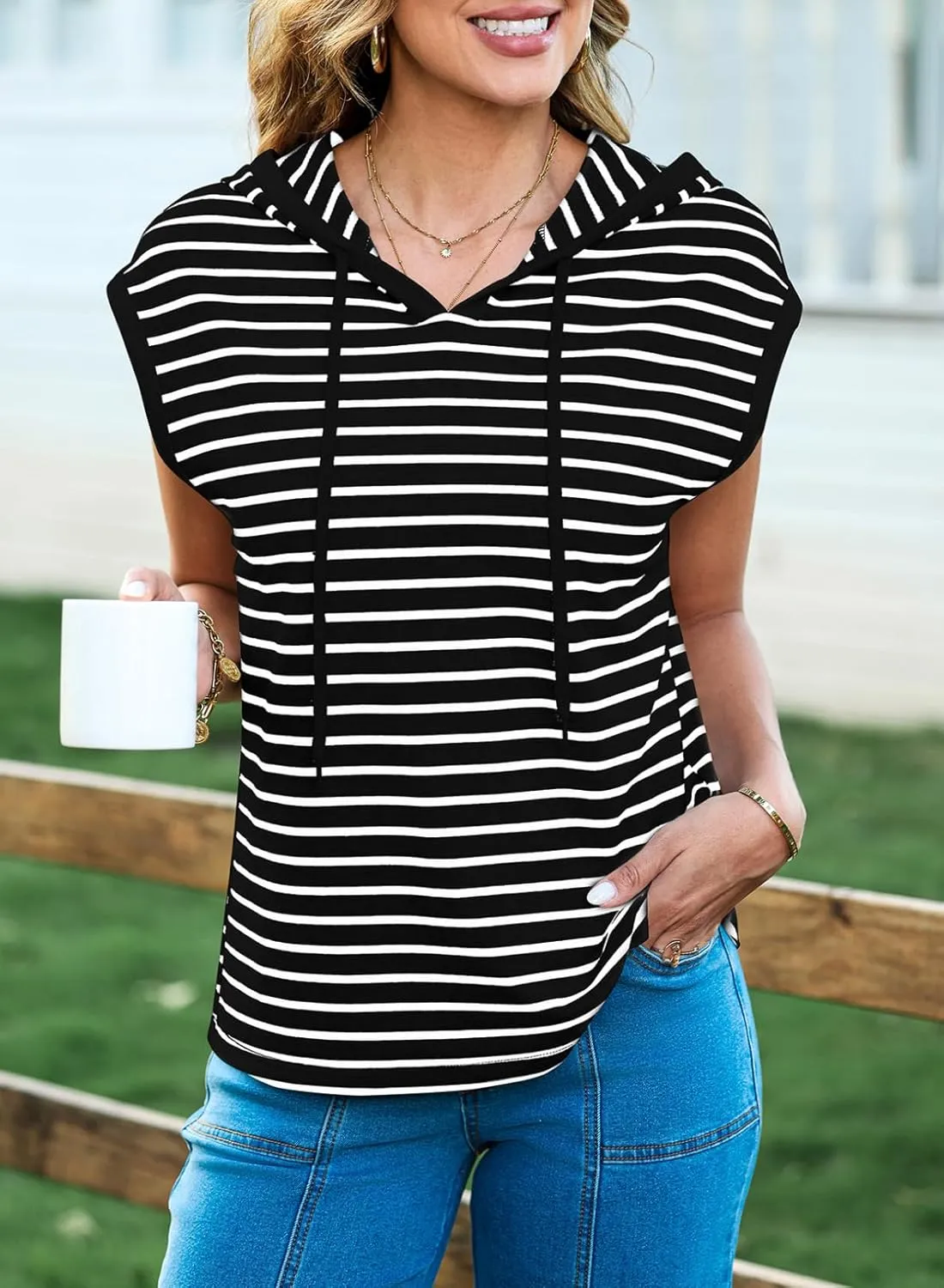 SHEWIN Womens Summer Striped Hooded Cap Sleeve Tops Lightweight Drawstring Hoodies V Neck Casual Blouses Shirts