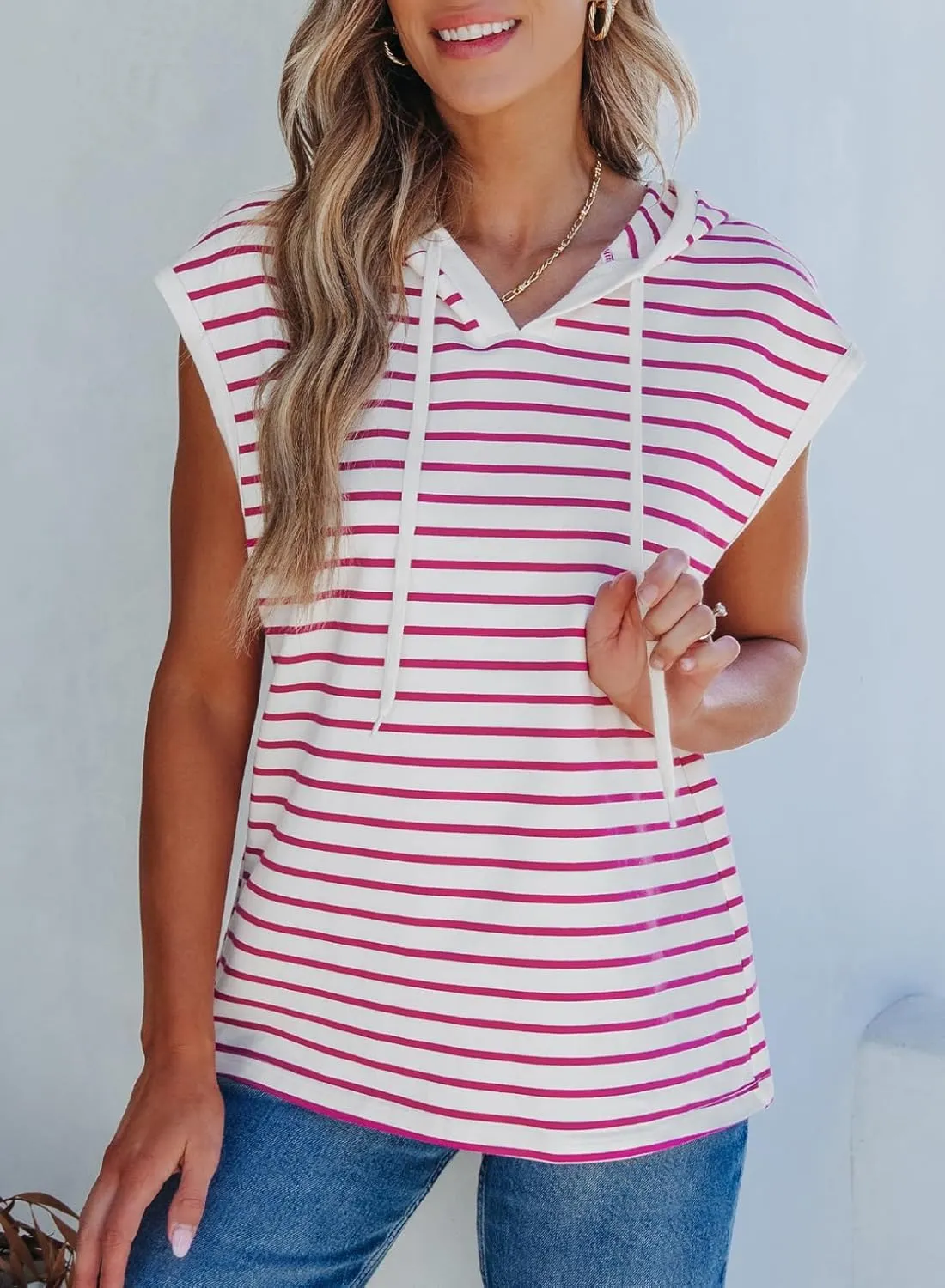 SHEWIN Womens Summer Striped Hooded Cap Sleeve Tops Lightweight Drawstring Hoodies V Neck Casual Blouses Shirts