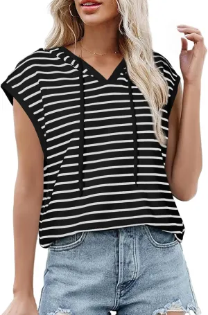 SHEWIN Womens Summer Striped Hooded Cap Sleeve Tops Lightweight Drawstring Hoodies V Neck Casual Blouses Shirts