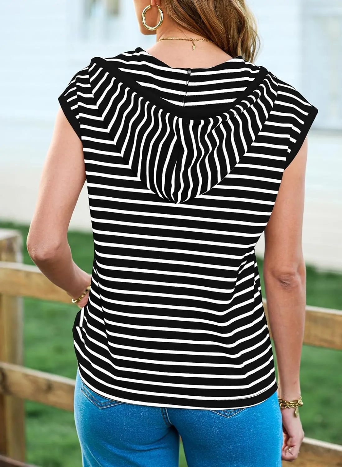 SHEWIN Womens Summer Striped Hooded Cap Sleeve Tops Lightweight Drawstring Hoodies V Neck Casual Blouses Shirts