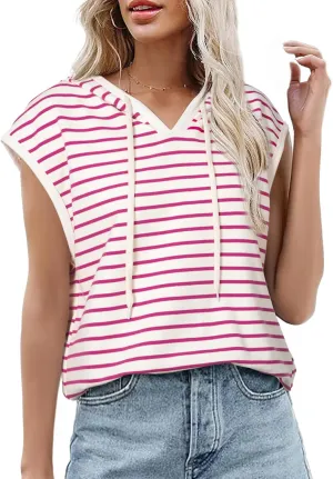 SHEWIN Womens Summer Striped Hooded Cap Sleeve Tops Lightweight Drawstring Hoodies V Neck Casual Blouses Shirts