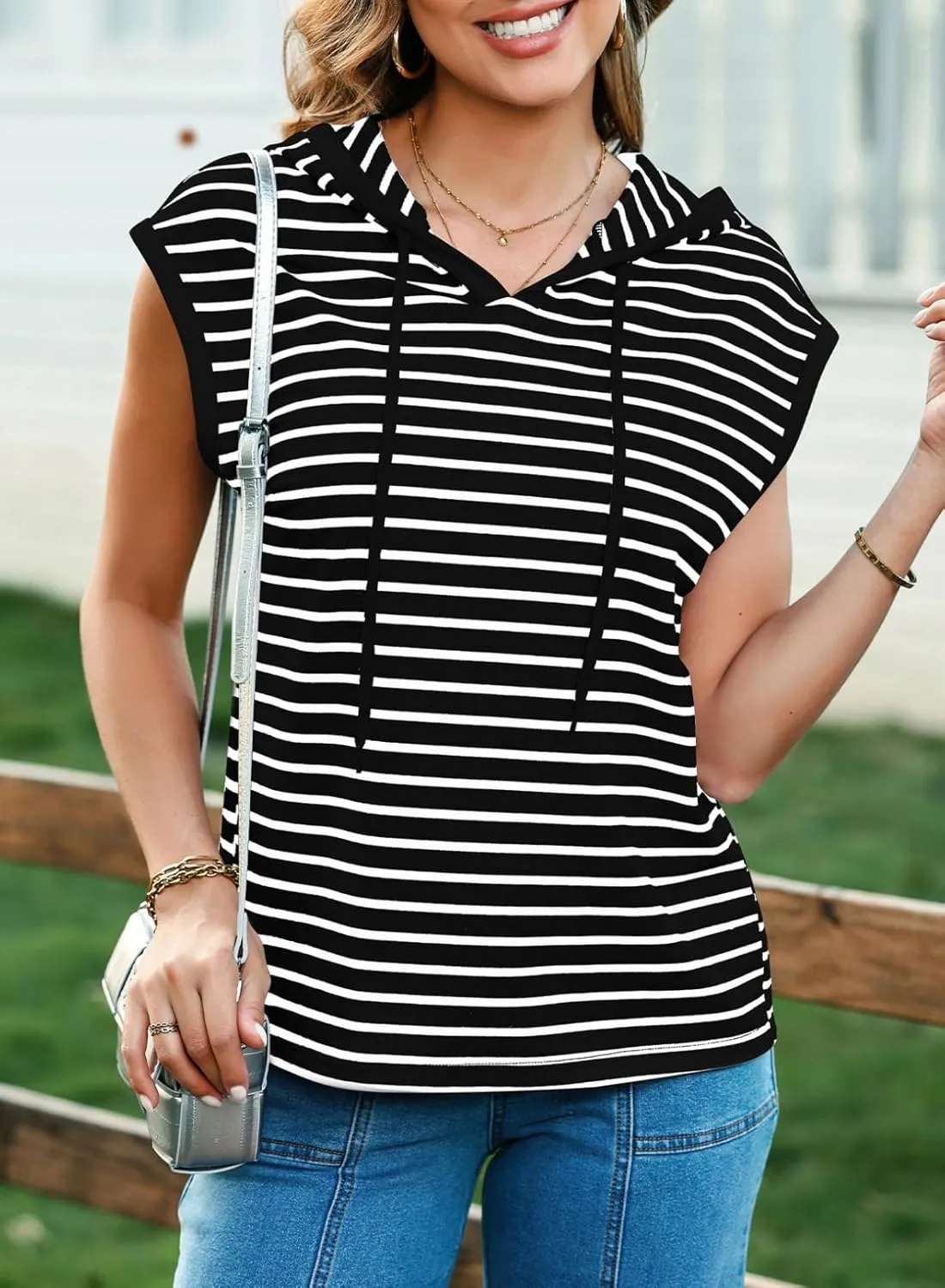 SHEWIN Womens Summer Striped Hooded Cap Sleeve Tops Lightweight Drawstring Hoodies V Neck Casual Blouses Shirts