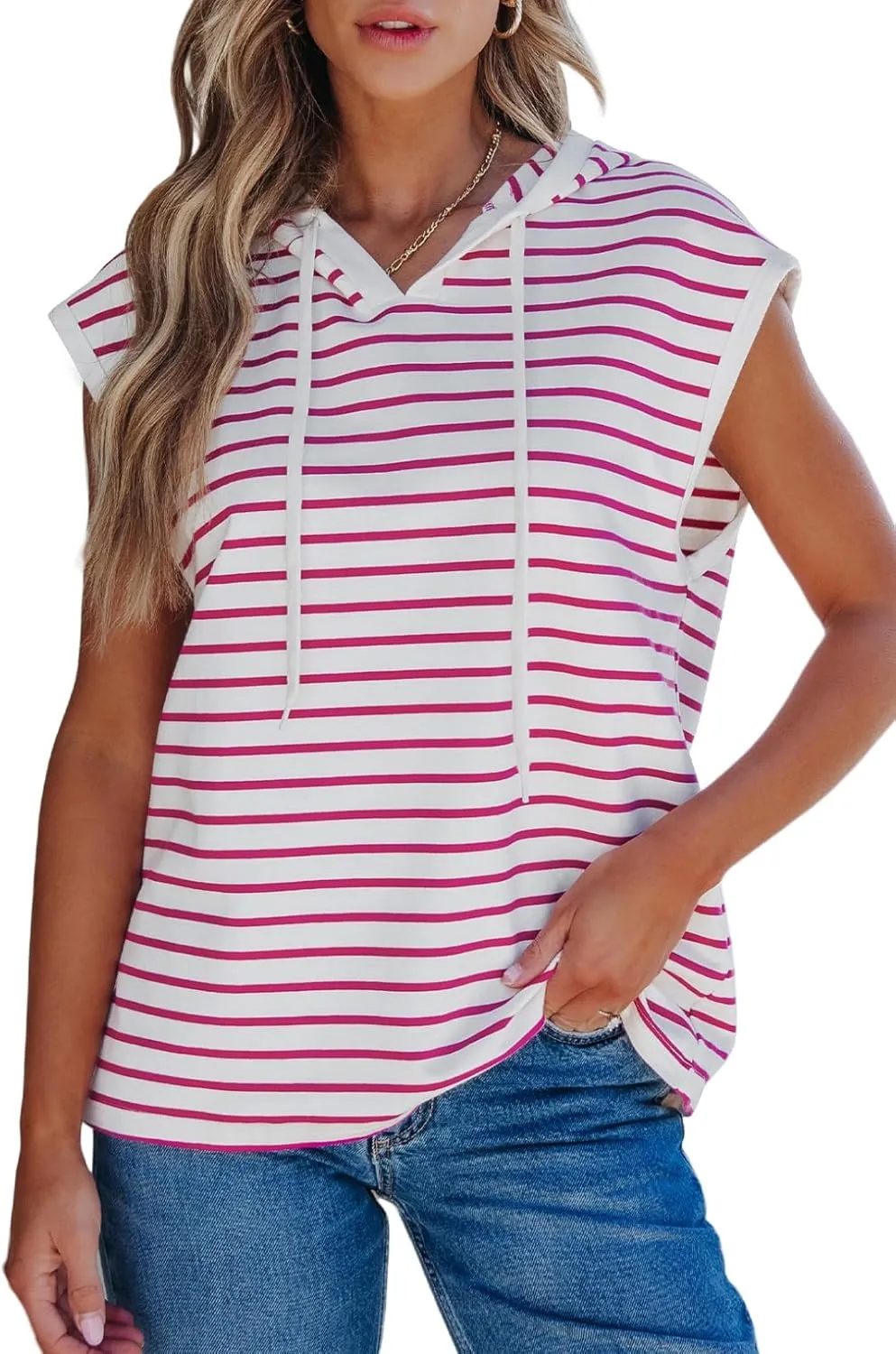SHEWIN Womens Summer Striped Hooded Cap Sleeve Tops Lightweight Drawstring Hoodies V Neck Casual Blouses Shirts