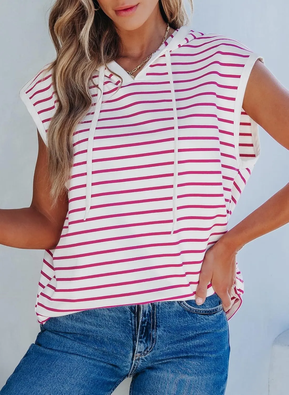 SHEWIN Womens Summer Striped Hooded Cap Sleeve Tops Lightweight Drawstring Hoodies V Neck Casual Blouses Shirts
