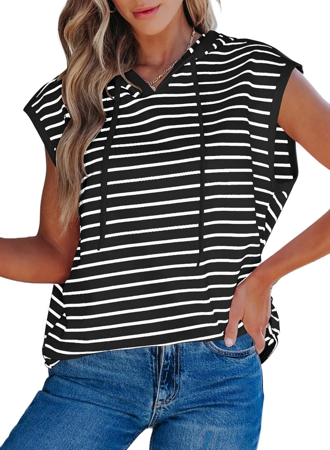 SHEWIN Womens Summer Striped Hooded Cap Sleeve Tops Lightweight Drawstring Hoodies V Neck Casual Blouses Shirts