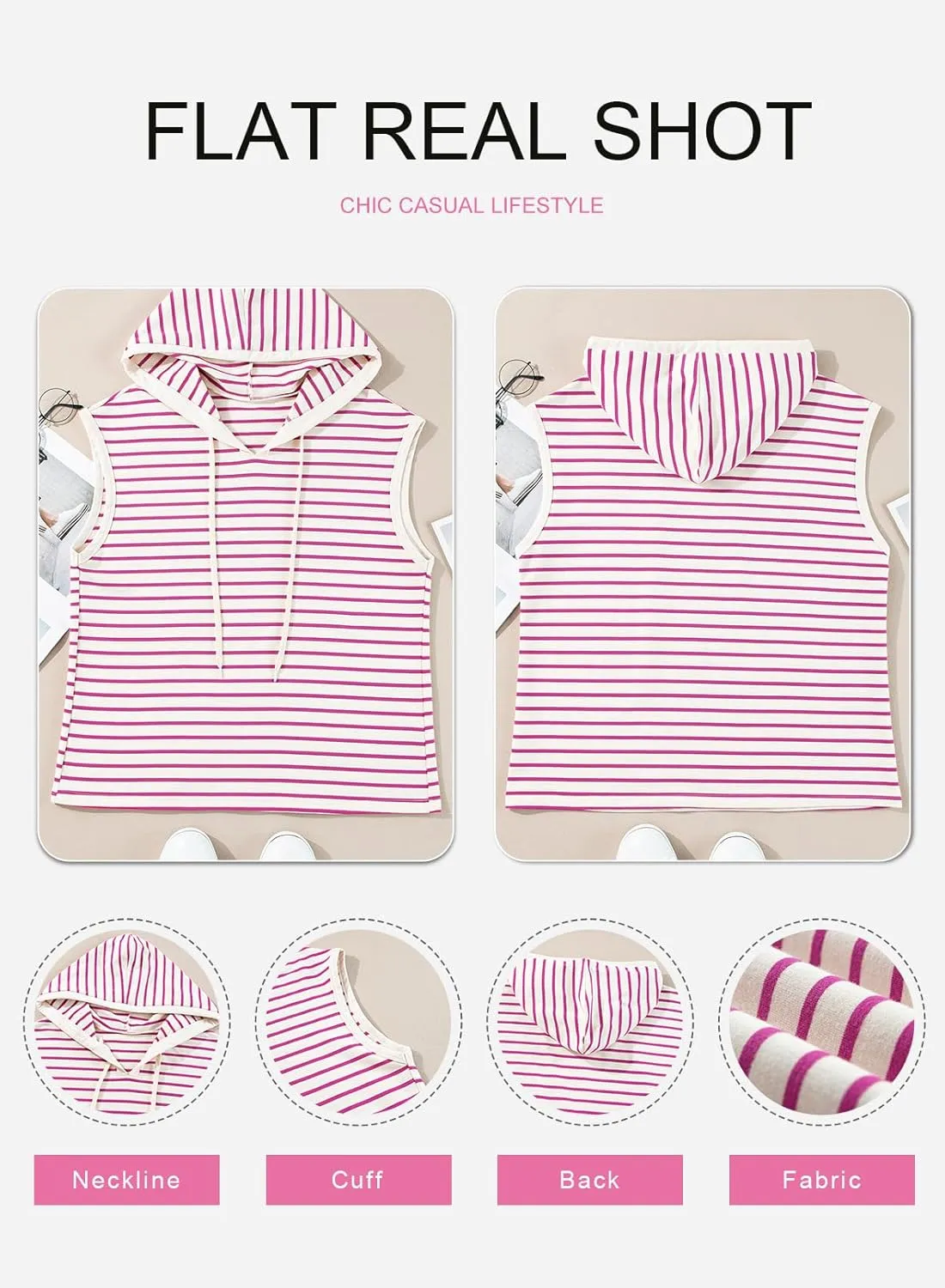 SHEWIN Womens Summer Striped Hooded Cap Sleeve Tops Lightweight Drawstring Hoodies V Neck Casual Blouses Shirts