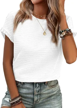 SHEWIN Womens Summer Tops Crewneck Short Sleeve T Shirts Casual Textured Work Shirt Loose Blouses