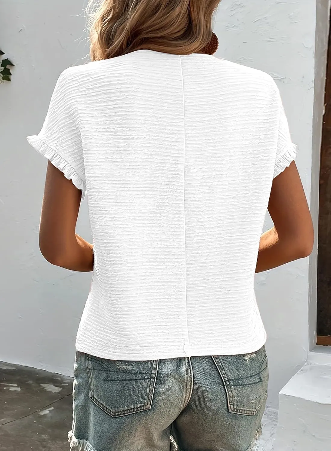 SHEWIN Womens Summer Tops Crewneck Short Sleeve T Shirts Casual Textured Work Shirt Loose Blouses