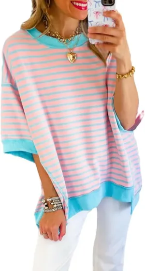 SHEWIN Womens Tops Casual Short Sleeve Sweatshirt Striped Shirt Crewneck Pullover T Shirts Loose Blouses