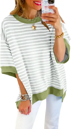SHEWIN Womens Tops Casual Short Sleeve Sweatshirt Striped Shirt Crewneck Pullover T Shirts Loose Blouses