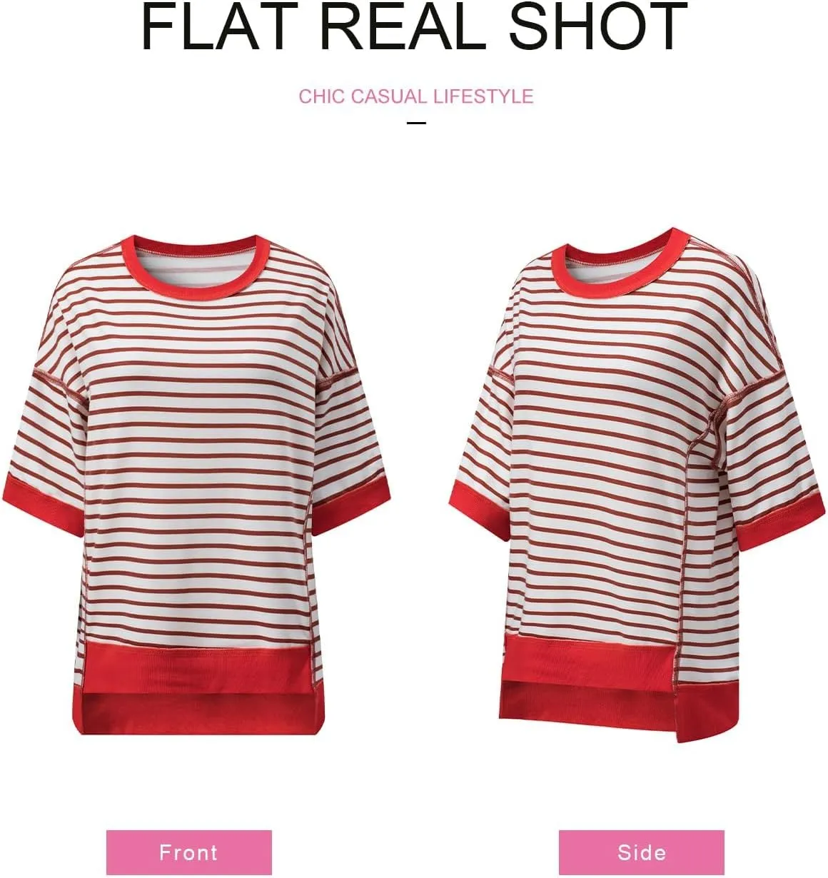SHEWIN Womens Tops Casual Short Sleeve Sweatshirt Striped Shirt Crewneck Pullover T Shirts Loose Blouses