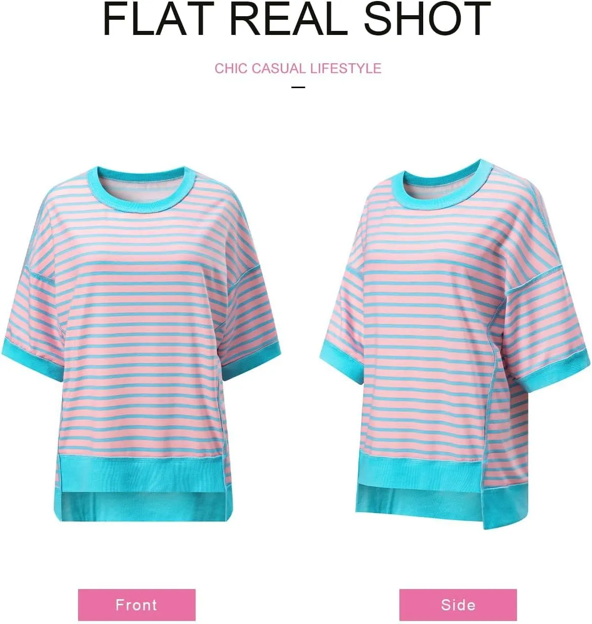SHEWIN Womens Tops Casual Short Sleeve Sweatshirt Striped Shirt Crewneck Pullover T Shirts Loose Blouses