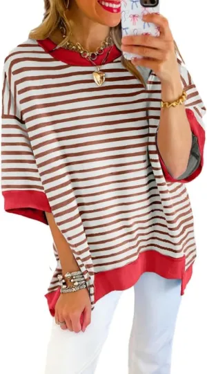 SHEWIN Womens Tops Casual Short Sleeve Sweatshirt Striped Shirt Crewneck Pullover T Shirts Loose Blouses