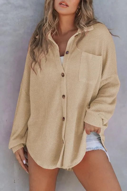 SHEWIN Women's Waffle Knit Button Down Shirts Casual Long Sleeve Shacket Jacket Boyfriend Tops Blouses Loose Fit