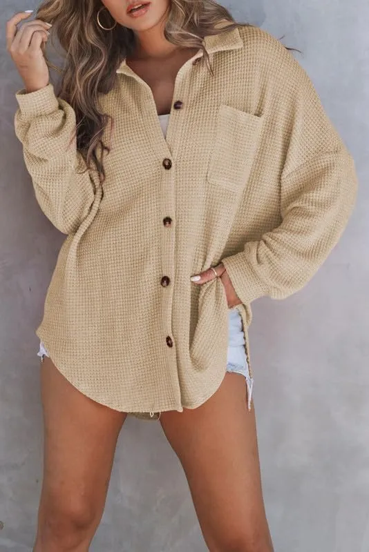 SHEWIN Women's Waffle Knit Button Down Shirts Casual Long Sleeve Shacket Jacket Boyfriend Tops Blouses Loose Fit