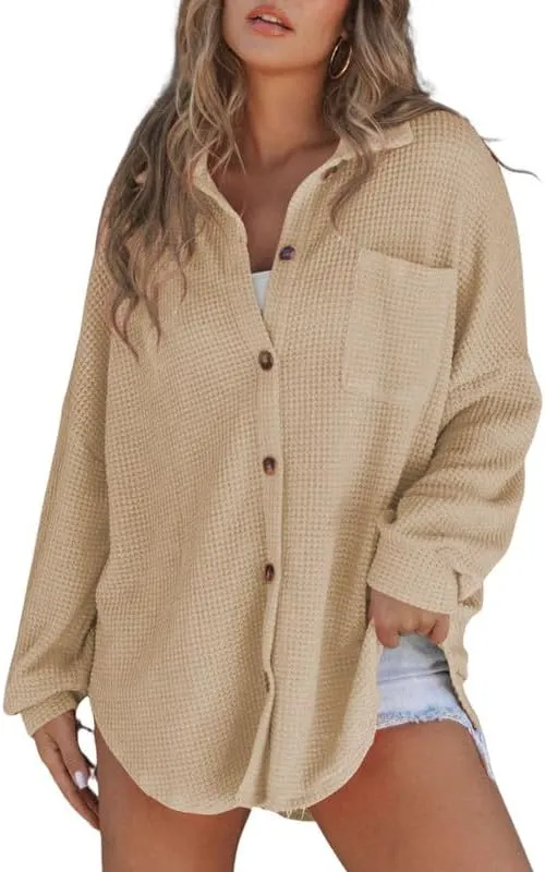 SHEWIN Women's Waffle Knit Button Down Shirts Casual Long Sleeve Shacket Jacket Boyfriend Tops Blouses Loose Fit