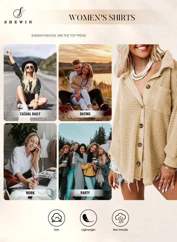 SHEWIN Women's Waffle Knit Button Down Shirts Casual Long Sleeve Shacket Jacket Boyfriend Tops Blouses Loose Fit