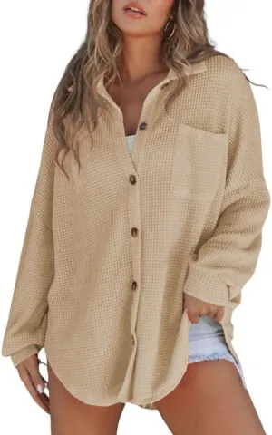 SHEWIN Women's Waffle Knit Button Down Shirts Casual Long Sleeve Shacket Jacket Boyfriend Tops Blouses Loose Fit