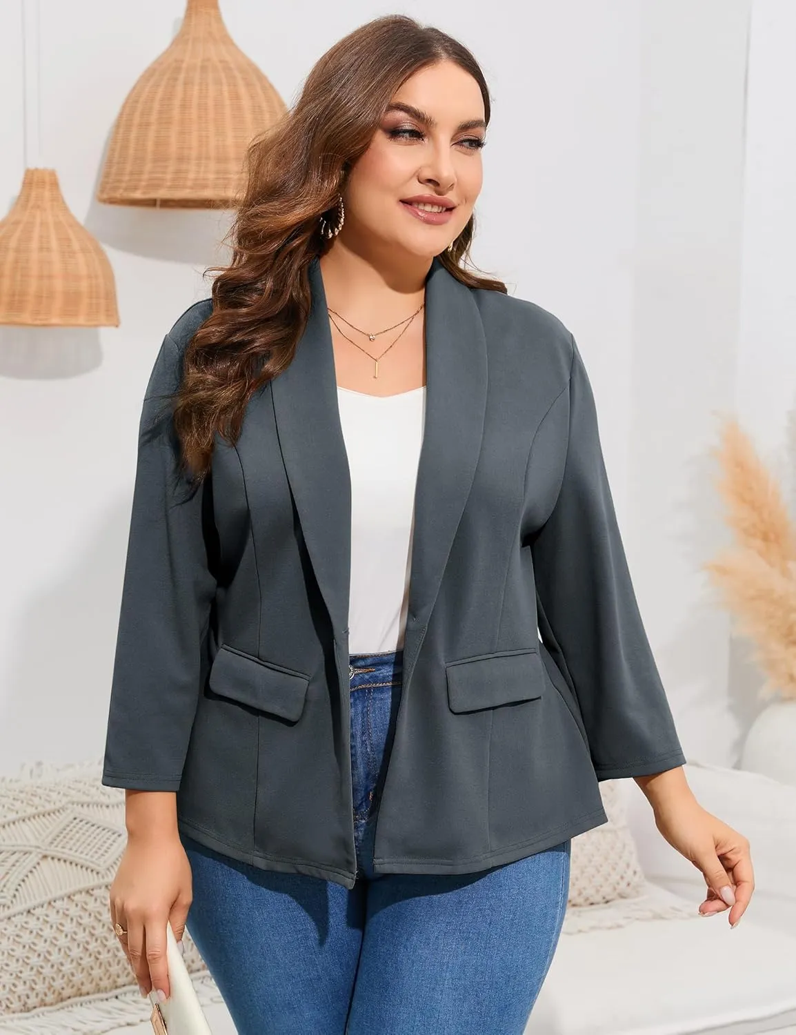 ShopWonder Women's Plus Size Casual Blazers Open Front Work Office Jackets Blazer with Pockets