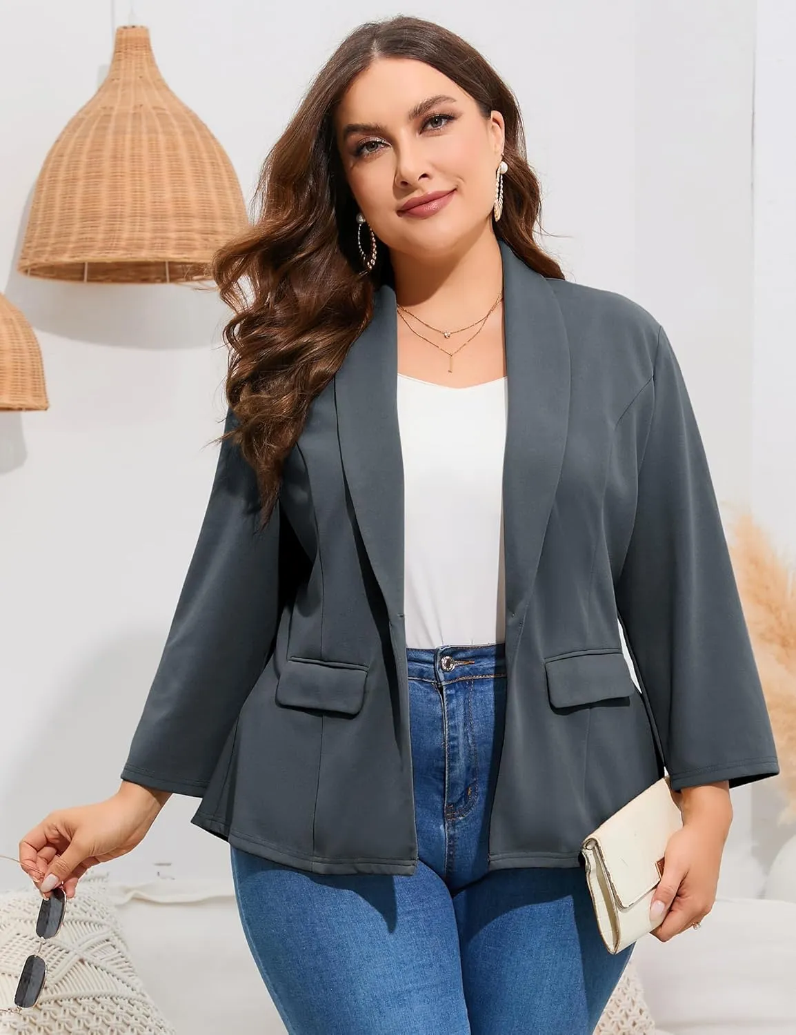 ShopWonder Women's Plus Size Casual Blazers Open Front Work Office Jackets Blazer with Pockets