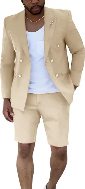 Shorts Suits for Men 2 Piece Slim Fit Double Breasted Mens Shorts Suit Set Casual Prom Summer Beach Wedding Tuxedos