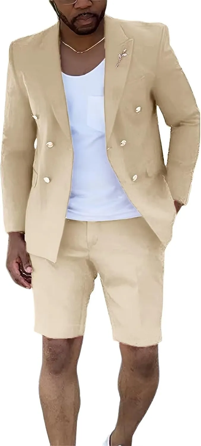 Shorts Suits for Men 2 Piece Slim Fit Double Breasted Mens Shorts Suit Set Casual Prom Summer Beach Wedding Tuxedos