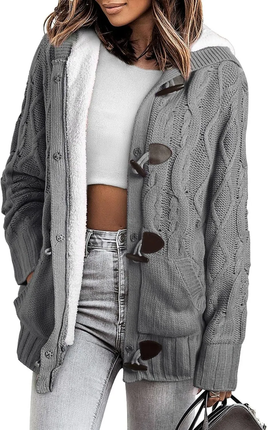 Sidefeel Women's Cardigan Sweaters Hooded Cardigans Fleece Lined Jackets Winter Sweater Coat