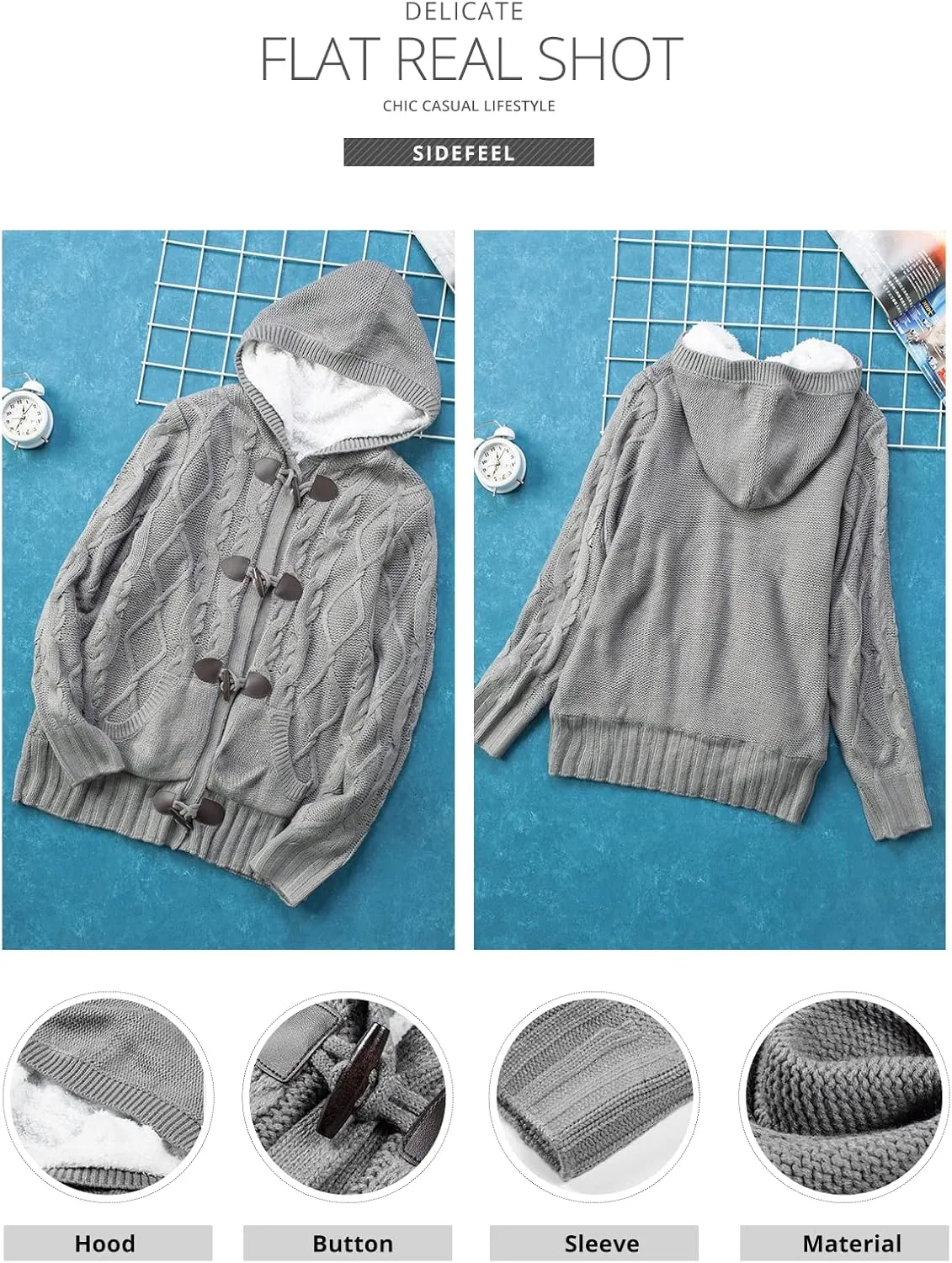 Sidefeel Women's Cardigan Sweaters Hooded Cardigans Fleece Lined Jackets Winter Sweater Coat