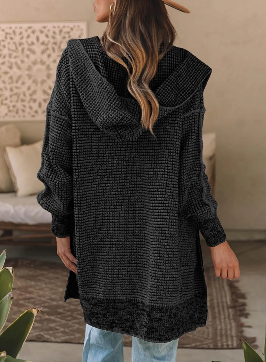 Sidefeel Women's Cardigan Sweaters Hooded Oversized Open Front Chunky Knit Plaid Sweater Coat Fall Fashion Tops