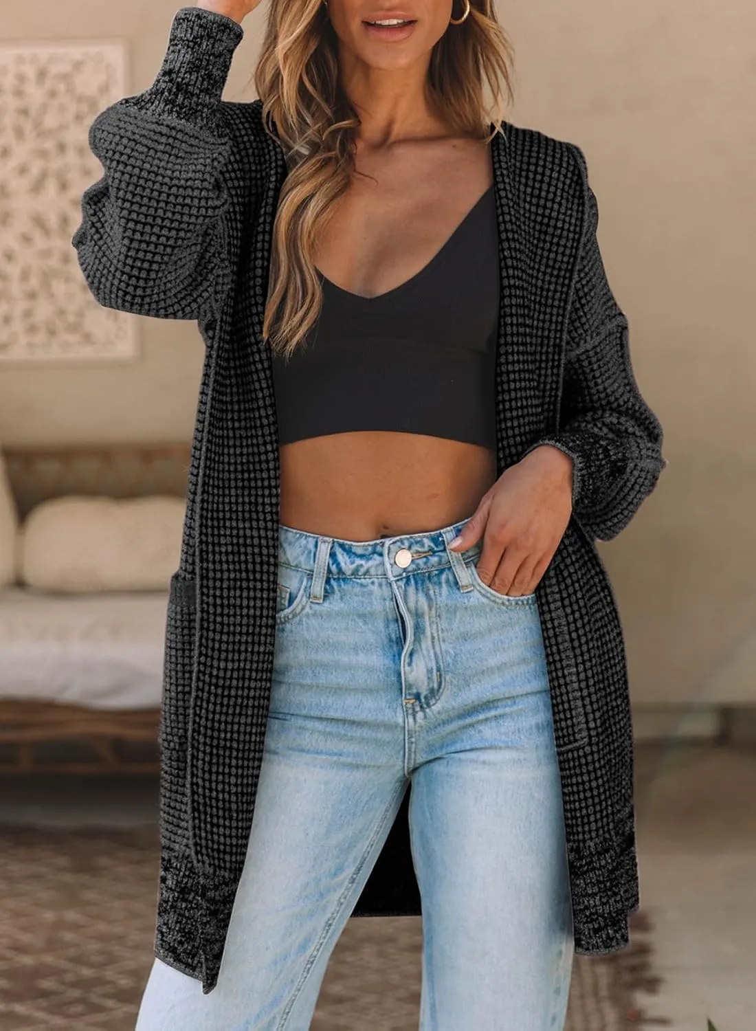 Sidefeel Women's Cardigan Sweaters Hooded Oversized Open Front Chunky Knit Plaid Sweater Coat Fall Fashion Tops