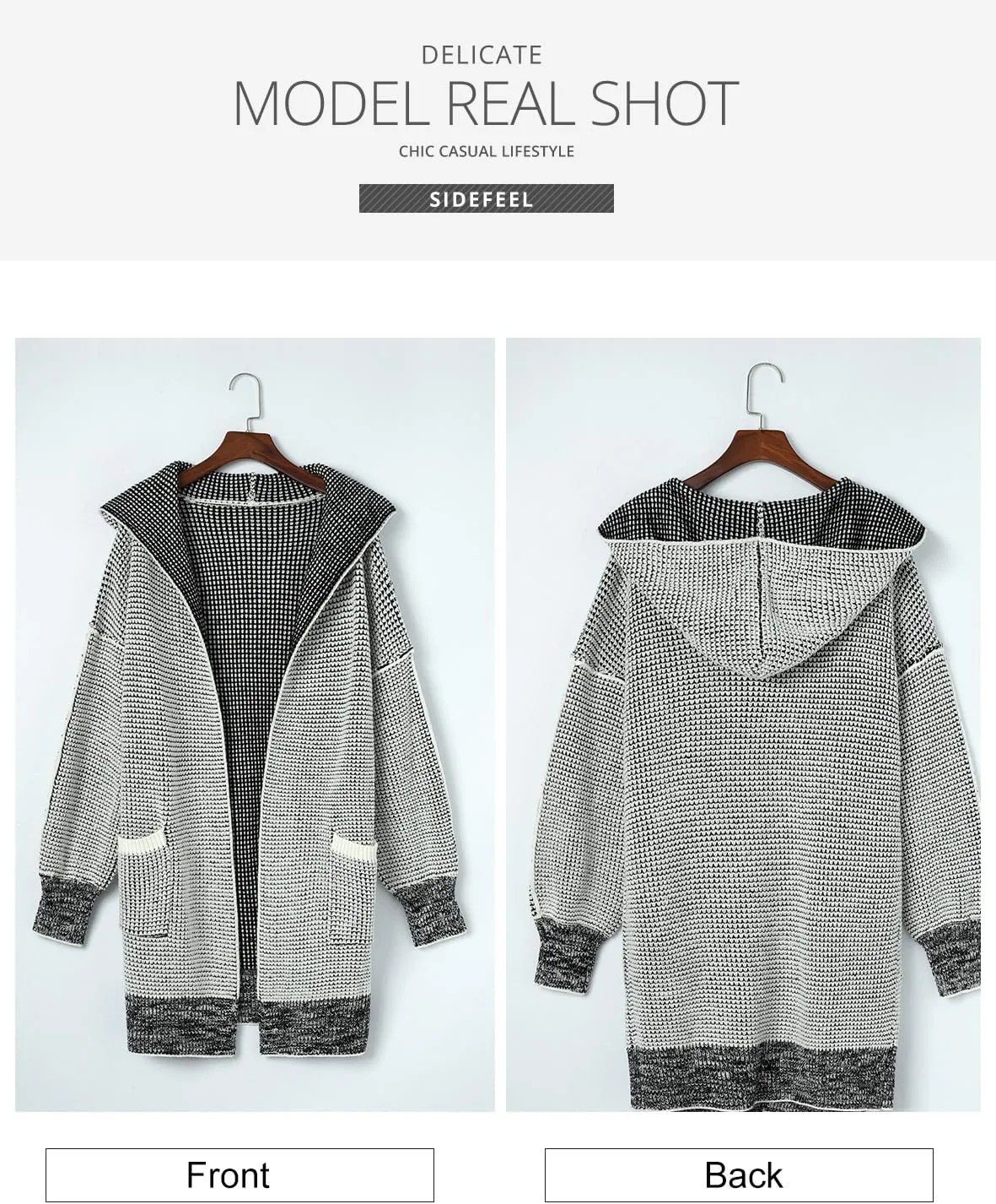 Sidefeel Women's Cardigan Sweaters Hooded Oversized Open Front Chunky Knit Plaid Sweater Coat Fall Fashion Tops