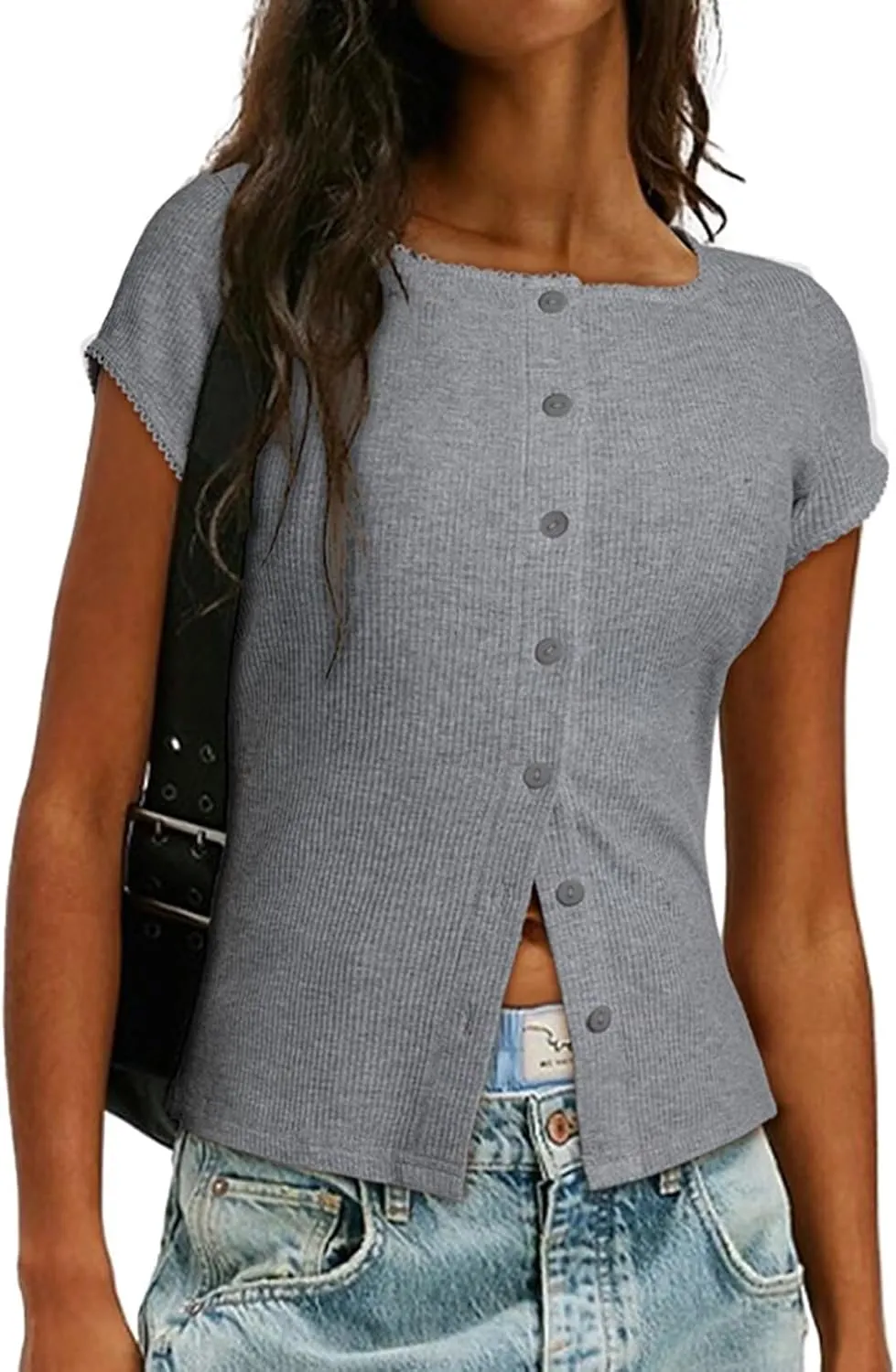 Sidefeel Women's Going Out Tops Summer Short Sleeve Cardigans Button Down Crewneck Lightweight Sweater Knit Tops