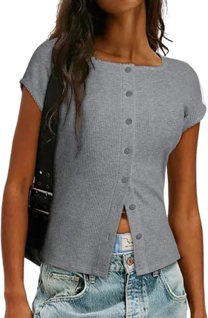 Sidefeel Women's Going Out Tops Summer Short Sleeve Cardigans Button Down Crewneck Lightweight Sweater Knit Tops