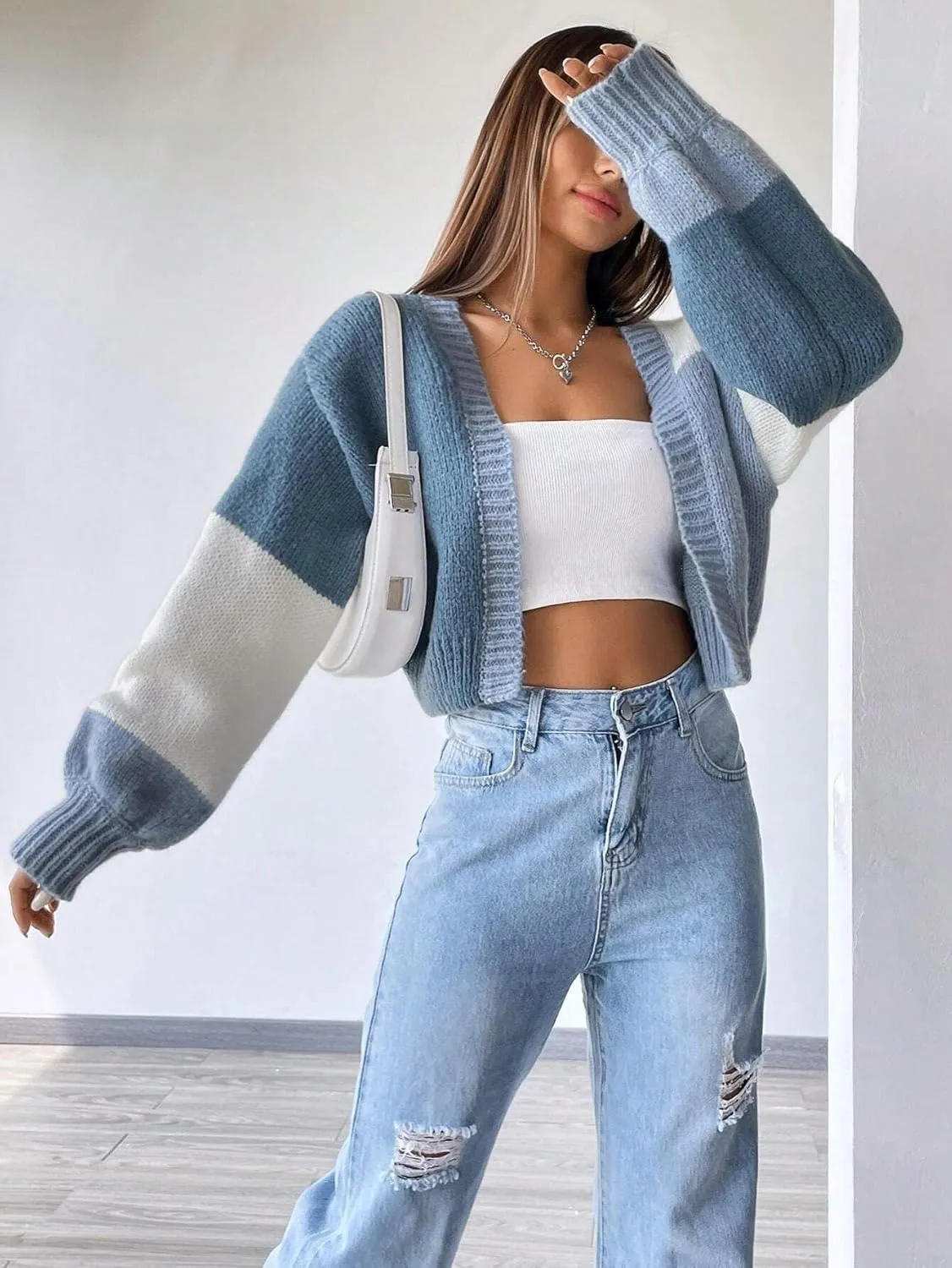 SISKIN Womens Fall & Spring Lightweight Long Sleeve Cropped Open Front Color Block Cardigan Sweaters for Women Trendy