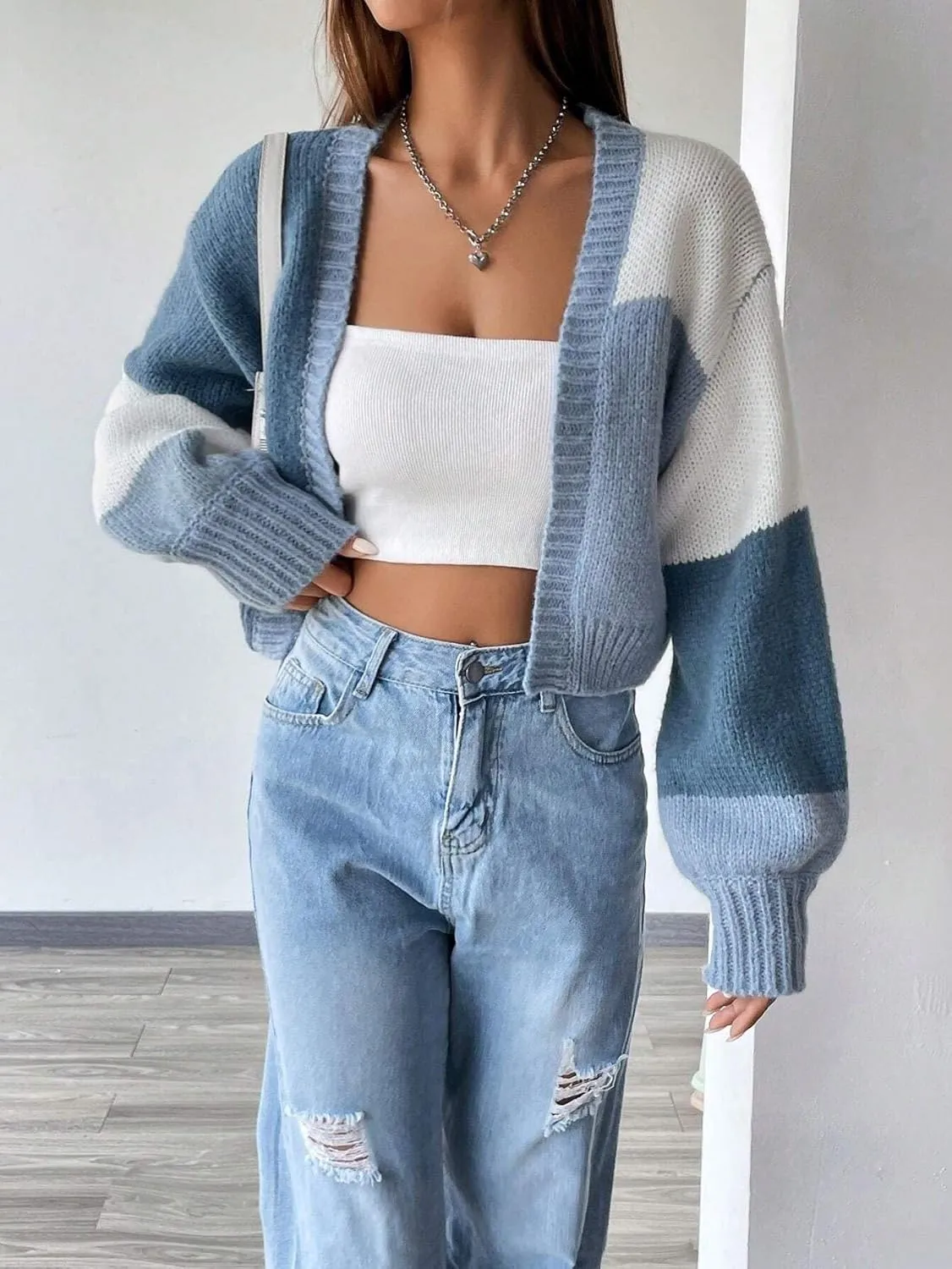 SISKIN Womens Fall & Spring Lightweight Long Sleeve Cropped Open Front Color Block Cardigan Sweaters for Women Trendy