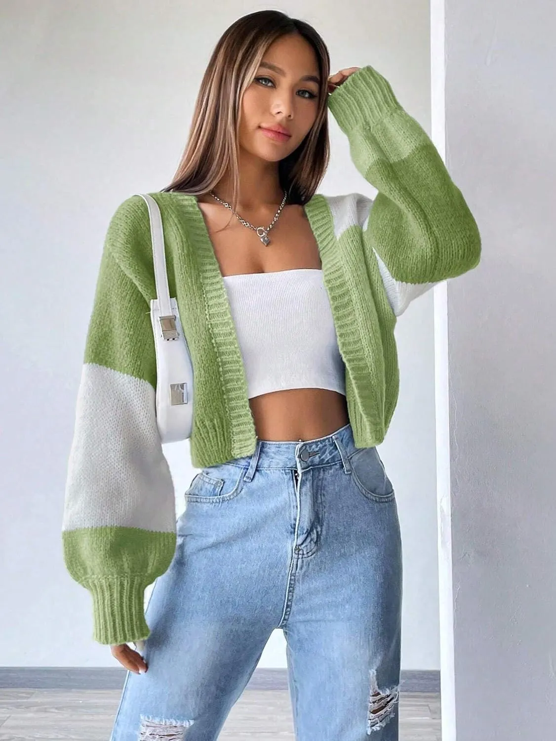 SISKIN Womens Fall & Spring Lightweight Long Sleeve Cropped Open Front Color Block Cardigan Sweaters for Women Trendy