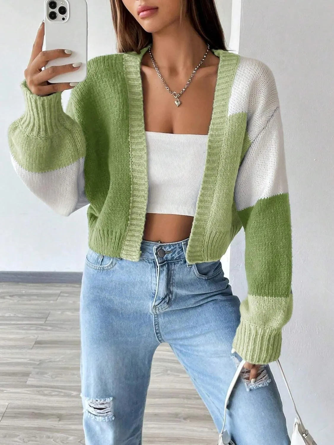 SISKIN Womens Fall & Spring Lightweight Long Sleeve Cropped Open Front Color Block Cardigan Sweaters for Women Trendy