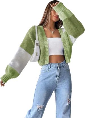SISKIN Womens Fall & Spring Lightweight Long Sleeve Cropped Open Front Color Block Cardigan Sweaters for Women Trendy