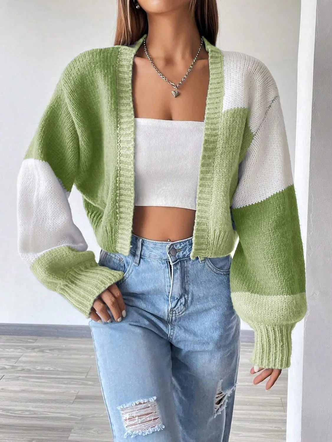 SISKIN Womens Fall & Spring Lightweight Long Sleeve Cropped Open Front Color Block Cardigan Sweaters for Women Trendy