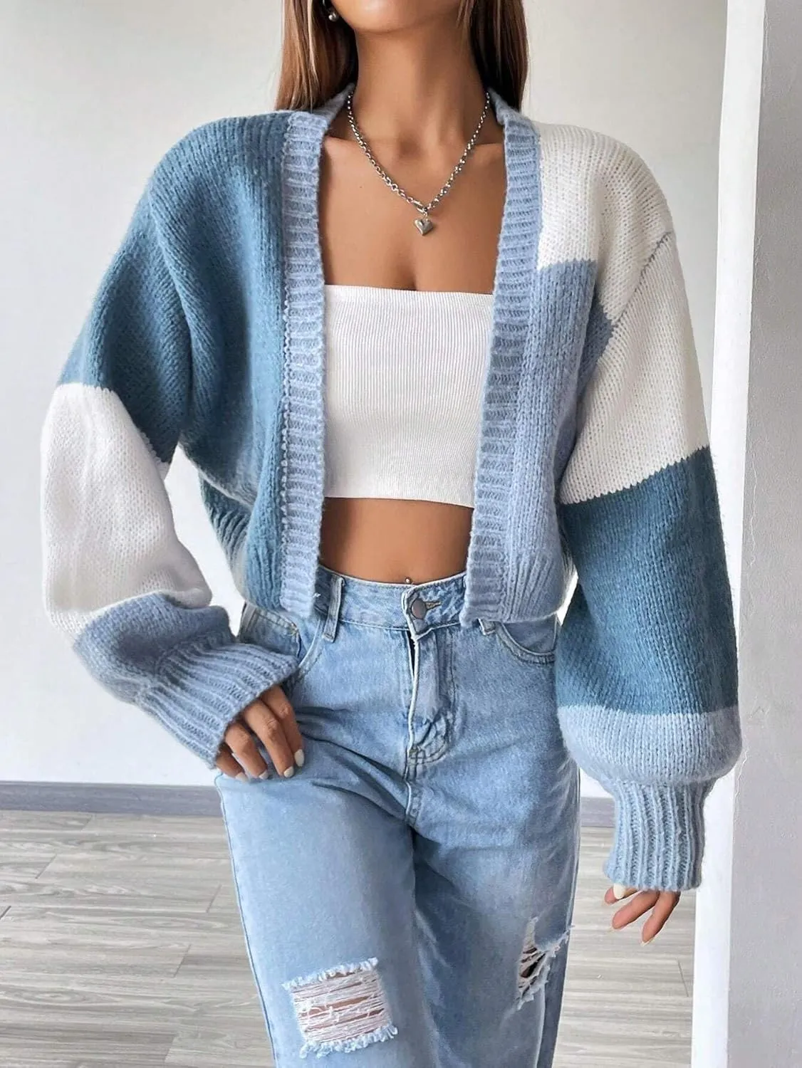 SISKIN Womens Fall & Spring Lightweight Long Sleeve Cropped Open Front Color Block Cardigan Sweaters for Women Trendy