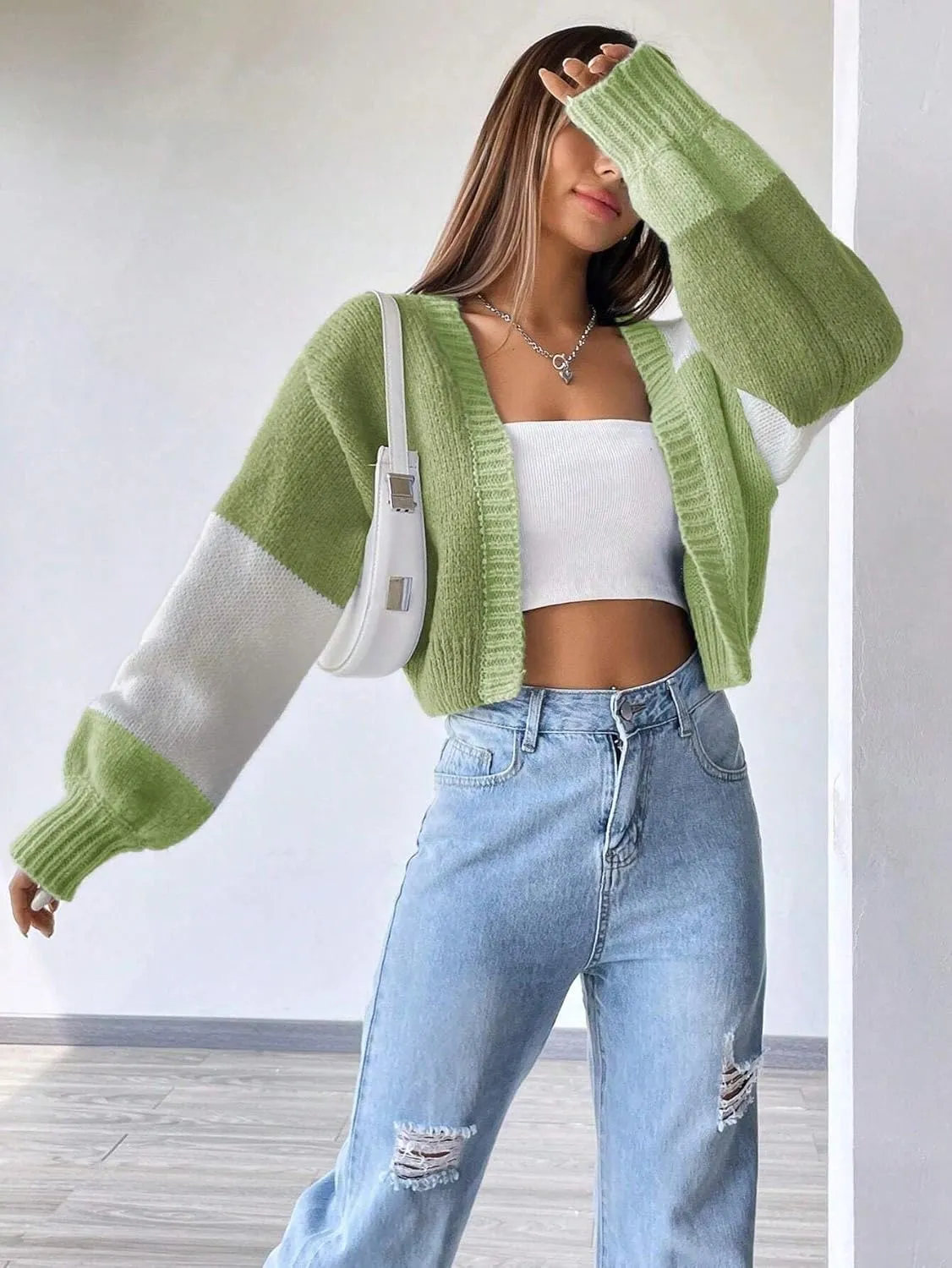 SISKIN Womens Fall & Spring Lightweight Long Sleeve Cropped Open Front Color Block Cardigan Sweaters for Women Trendy