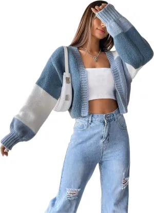 SISKIN Womens Fall & Spring Lightweight Long Sleeve Cropped Open Front Color Block Cardigan Sweaters for Women Trendy